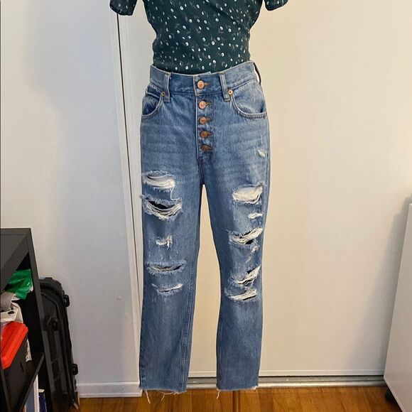 Free People Distressed High Waist Straight Leg Jeans Size 27 - Picture 5 of 14